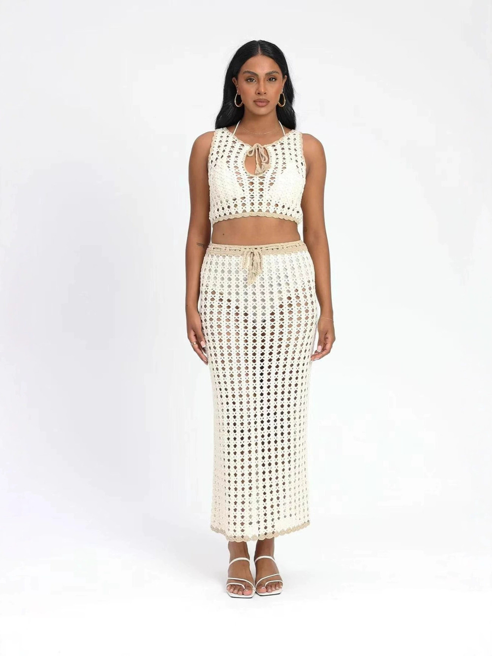 Zara Spring Summer Knitted Openwork 2-Piece Set Backless Top Maxi Skirt